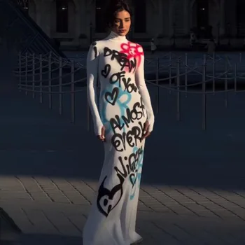 Уличный хип-хоп, цветное приталенное платье с длинным рукавом и принтом алфавита, сексуальные облегающие Макси-платья для женщин, винтажный халат для вечеринок