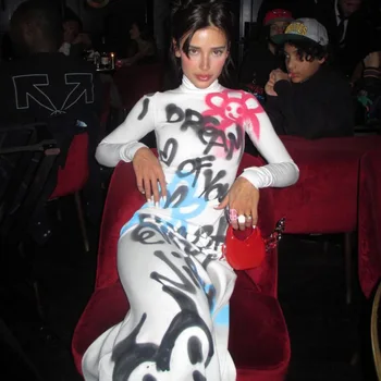 Уличный хип-хоп, цветное приталенное платье с длинным рукавом и принтом алфавита, сексуальные облегающие Макси-платья для женщин, винтажный халат для вечеринок